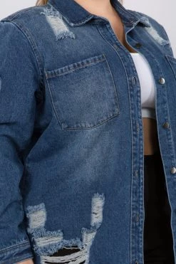 LOVE MODA CURVY Distressed Long Denim Shirt Jacket - Plus Size 16 LOVE MODA CURVY Distressed Long Denim Shirt Jacket - Plus Size