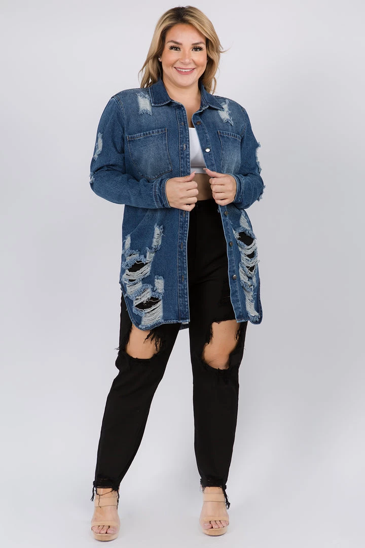 LOVE MODA CURVY Distressed Long Denim Shirt Jacket - Plus Size 4 LOVE MODA CURVY Distressed Long Denim Shirt Jacket - Plus Size
