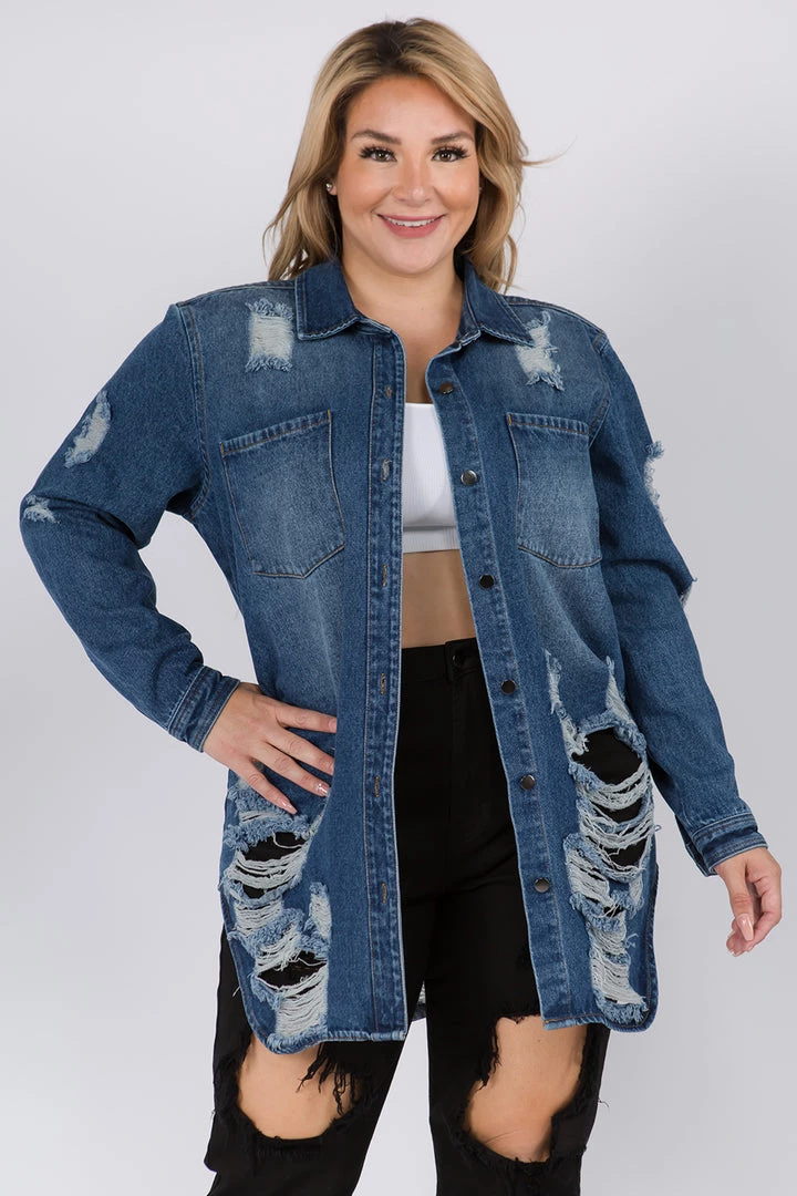 LOVE MODA CURVY Distressed Long Denim Shirt Jacket - Plus Size 3 LOVE MODA CURVY Distressed Long Denim Shirt Jacket - Plus Size