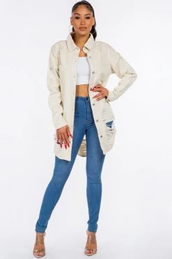 LOVE MODA Distressed Long Denim Shirt Jacket