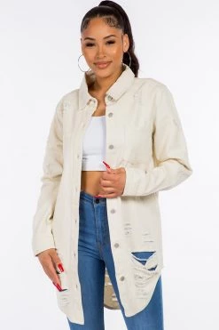 LOVE MODA Distressed Long Denim Shirt Jacket