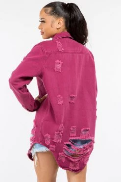 LOVE MODA Distressed Long Denim Shirt Jacket 50 LOVE MODA Distressed Long Denim Shirt Jacket