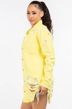 LOVE MODA Distressed Long Denim Shirt Jacket 44 LOVE MODA Distressed Long Denim Shirt Jacket