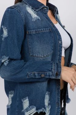 LOVE MODA NEW ARRIVALS Distressed Long Denim Shirt Jacket