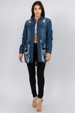 LOVE MODA NEW ARRIVALS Distressed Long Denim Shirt Jacket