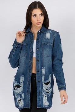 LOVE MODA NEW ARRIVALS Distressed Long Denim Shirt Jacket