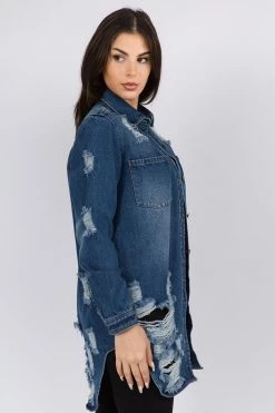 LOVE MODA NEW ARRIVALS Distressed Long Denim Shirt Jacket