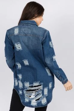 LOVE MODA NEW ARRIVALS Distressed Long Denim Shirt Jacket