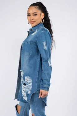 LOVE MODA NEW ARRIVALS Distressed Long Denim Shirt Jacket