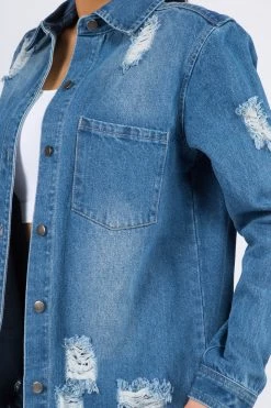 LOVE MODA NEW ARRIVALS Distressed Long Denim Shirt Jacket