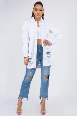 LOVE MODA NEW ARRIVALS Distressed Long Denim Shirt Jacket