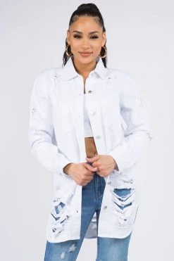 LOVE MODA NEW ARRIVALS Distressed Long Denim Shirt Jacket