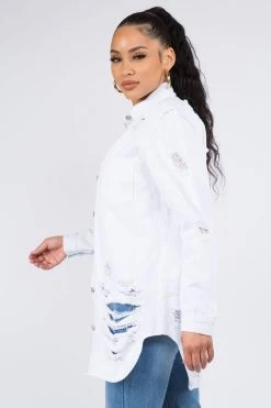 LOVE MODA NEW ARRIVALS Distressed Long Denim Shirt Jacket