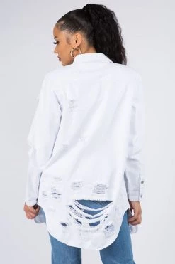 LOVE MODA NEW ARRIVALS Distressed Long Denim Shirt Jacket