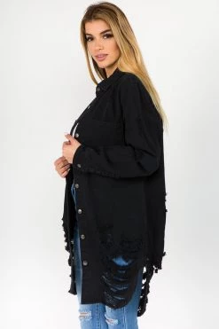 LOVE MODA NEW ARRIVALS Distressed Long Denim Shirt Jacket