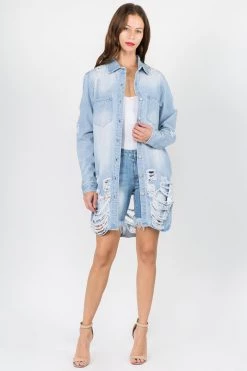 LOVE MODA NEW ARRIVALS Distressed Long Denim Shirt Jacket