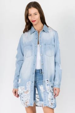 LOVE MODA NEW ARRIVALS Distressed Long Denim Shirt Jacket