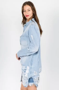 LOVE MODA NEW ARRIVALS Distressed Long Denim Shirt Jacket
