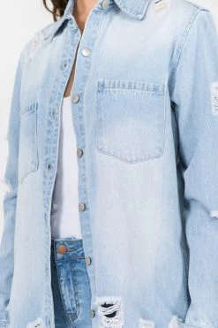 LOVE MODA NEW ARRIVALS Distressed Long Denim Shirt Jacket
