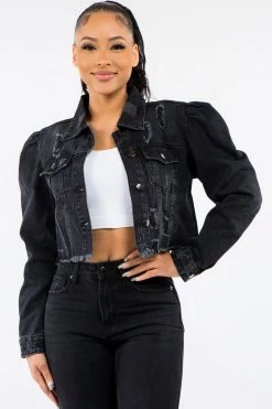 LOVE MODA BEST SELLERS Distressed Puff Shoulder Denim Cropped Jacket