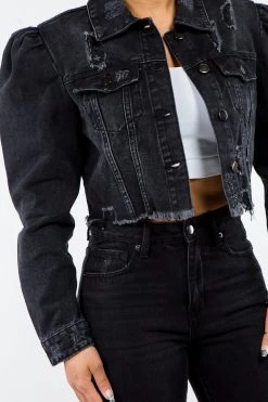 LOVE MODA BEST SELLERS Distressed Puff Shoulder Denim Cropped Jacket