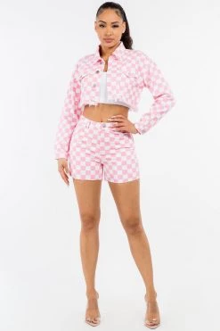 LOVE MODA Checker Print Cropped Jacket & Short Set