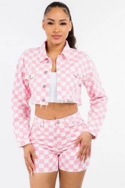 LOVE MODA Checker Print Cropped Jacket & Short Set