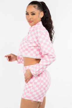 LOVE MODA Checker Print Cropped Jacket & Short Set
