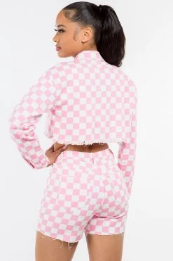 LOVE MODA Checker Print Cropped Jacket & Short Set