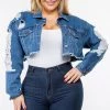 LOVE MODA CURVY Slim Denim Cropped Distressed Jacket - Plus Size