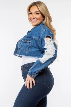 LOVE MODA CURVY Slim Denim Cropped Distressed Jacket - Plus Size