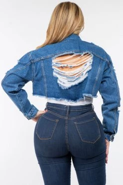 LOVE MODA CURVY Slim Denim Cropped Distressed Jacket - Plus Size