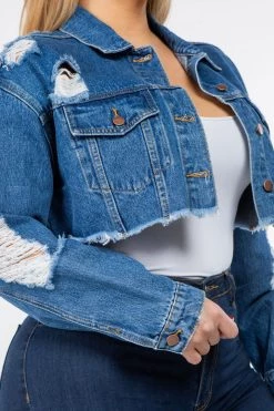 LOVE MODA CURVY Slim Denim Cropped Distressed Jacket - Plus Size