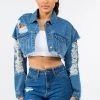 LOVE MODA Slim Denim Cropped Distressed Jacket