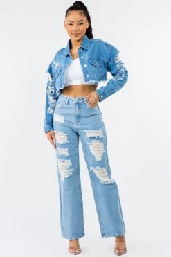 LOVE MODA CURVY Slim Denim Cropped Distressed Jacket - Plus Size