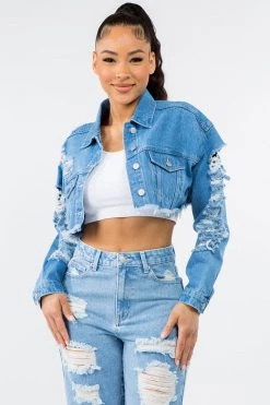 LOVE MODA CURVY Slim Denim Cropped Distressed Jacket - Plus Size