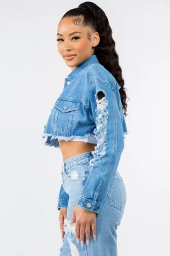 LOVE MODA Slim Denim Cropped Distressed Jacket