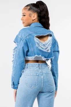 LOVE MODA Slim Denim Cropped Distressed Jacket
