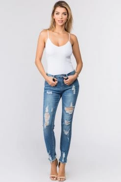 LOVE MODA Low Rise Distressed Denim Skinny Jeans