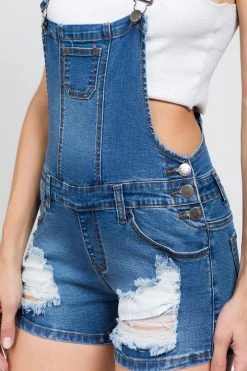 LOVE MODA Distressed Stretch Slim Overall Shorts
