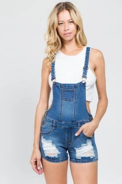 LOVE MODA Distressed Stretch Slim Overall Shorts