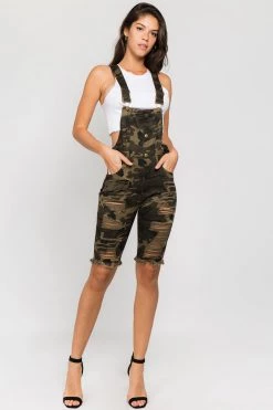 LOVE MODA Distressed Slim Overall Shorts OVERALLS