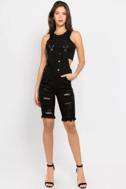 LOVE MODA Distressed Slim Overall Shorts OVERALLS