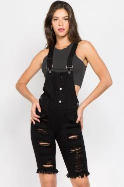 LOVE MODA Distressed Slim Overall Shorts OVERALLS