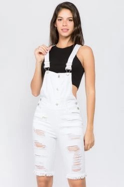 LOVE MODA Distressed Slim Overall Shorts OVERALLS