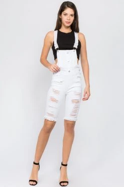 LOVE MODA Distressed Slim Overall Shorts OVERALLS