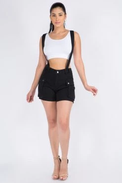 LOVE MODA BOTTOMS Cargo Denim Shorts With Suspenders