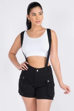 LOVE MODA BOTTOMS Cargo Denim Shorts With Suspenders