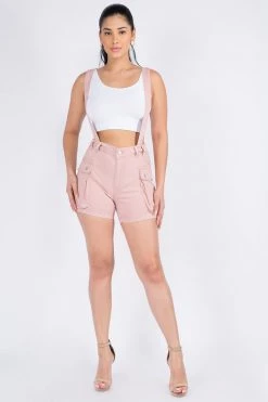 LOVE MODA BOTTOMS Cargo Denim Shorts With Suspenders