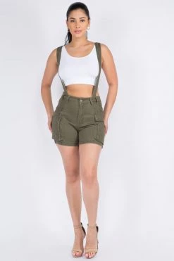 LOVE MODA BOTTOMS Cargo Denim Shorts With Suspenders
